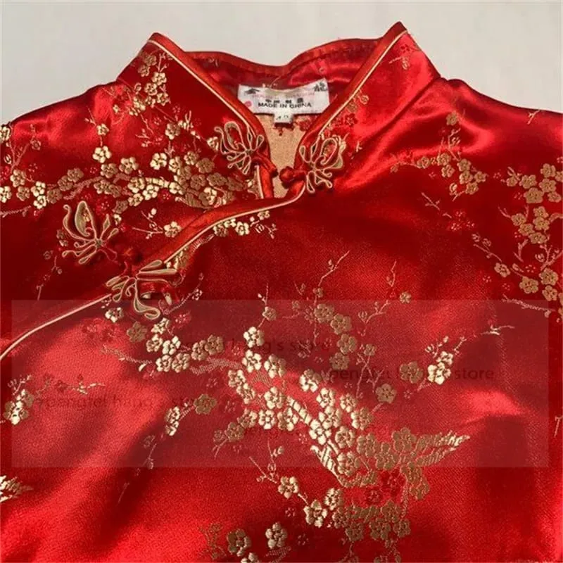 中国風の女性ドラゴンフェニックス袍クラシックレッドサテンチャイナプラスサイズ半袖ミニドレス Vestidos 3XL 4XL 5XL 6XL