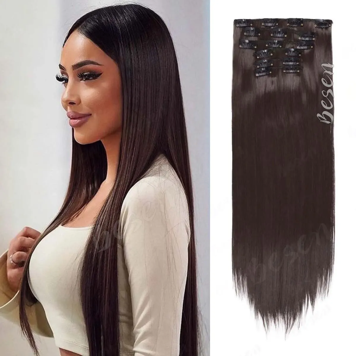 Synthetic 24Inch 16 Clips in Hair Extensions Long Straight Hairstyle Blonde Black Hairpieces Heat Resistant False Hair Daily Use