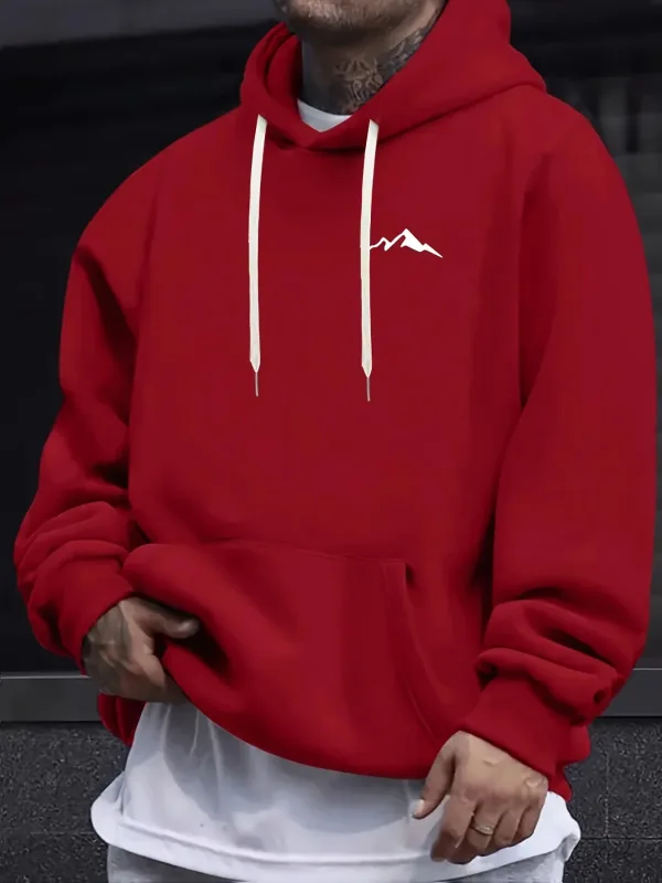 Men's autumn and winter casual fashion loose mountain print long sleeved hooded sweatshirt warm pullover