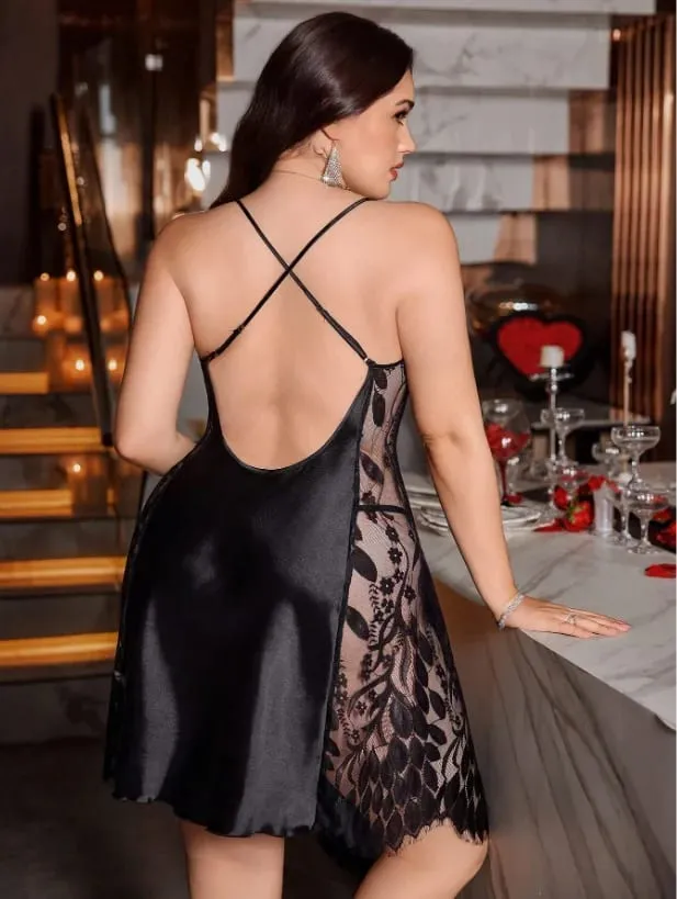 Women's Glossy Black Satin Nightgown Cowl Neck Thin Spaghetti Straps Side Leaf Lace Panel Plus Size Luxurious Home Short Sleep