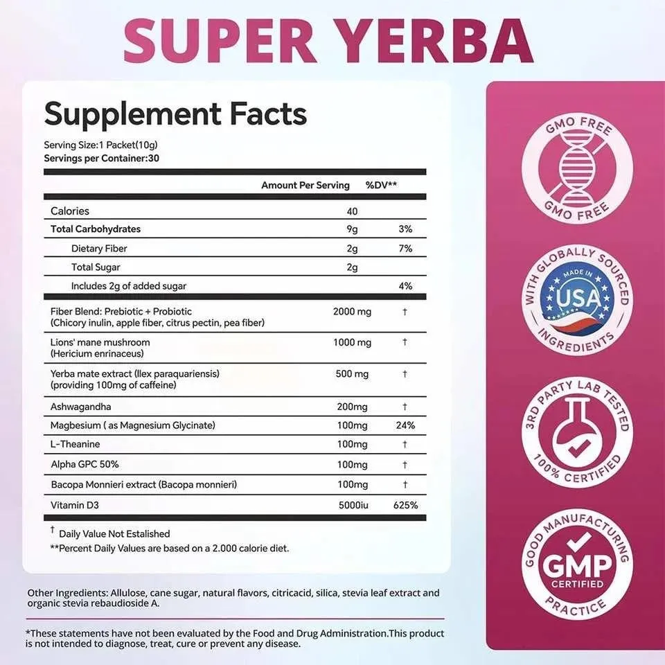 Super Yerba Instant Drink Powder 30 Packets with Probiotic Ashwagandha Vitamin Promote Gut Intestinal Health Digestion Immunity