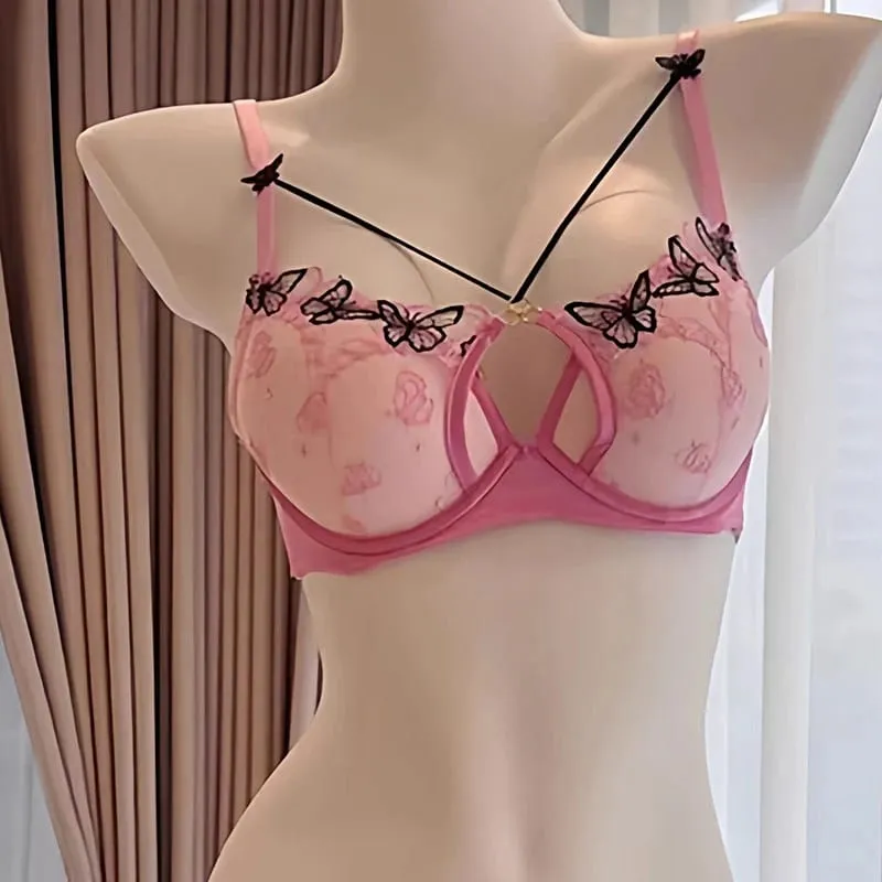 Spring/Summer Sexy Sweetheart Black Butterfly Embroidered Pink Bra With Steel Rim Thickened For Small Breasts Women Bra Set