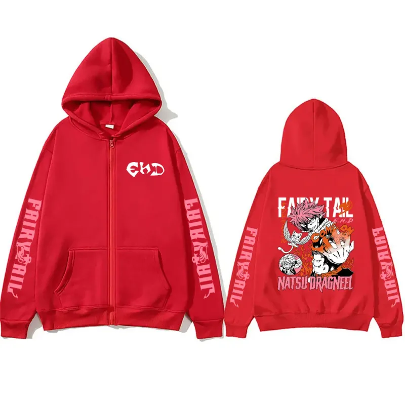 Anime Fairy Tail Zipper Hoodie Manga Natsu Dragneel Graphic Print Zip Up Jacket Coat Men Women Fashion Casual Oversized Hoodies