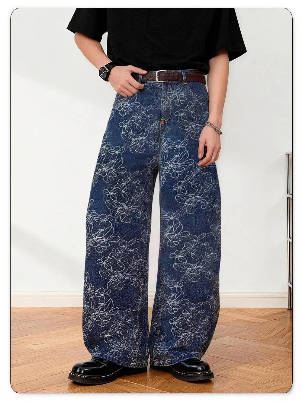 Japanese-Korean Style Floral Jacquard Baggy Wide-leg Jeans American Retro Floral Daily Casual Wide-leg Denim Pants Unisex