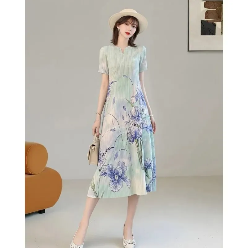 Miyake Ink Print Short Sleeve Dresses 2026 Summer New Short Sleeve Elegant Artistic Fashion Draped Elastic Women's Pleated Dress