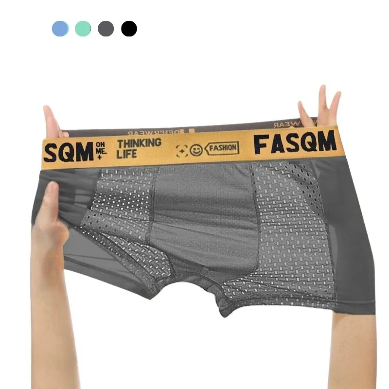 Boxer en soie glacée pour hommes, 1 pièce, slip frais, doux et confortable, sous-vêtements contrastés, maille respirante, confortable, extensible