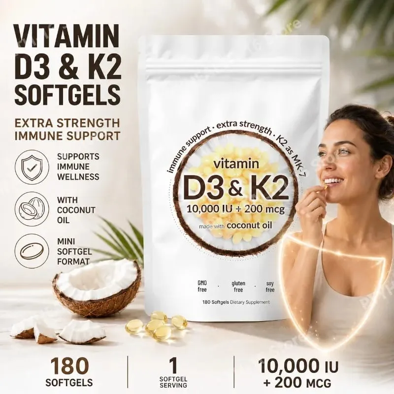 Vitamin D3 K2 Softgels with MK-7 10000 IU Vitamin D3 200mcg K2 Soy Free Gluten Free Daily Nutrition Supplement 300 Softgels