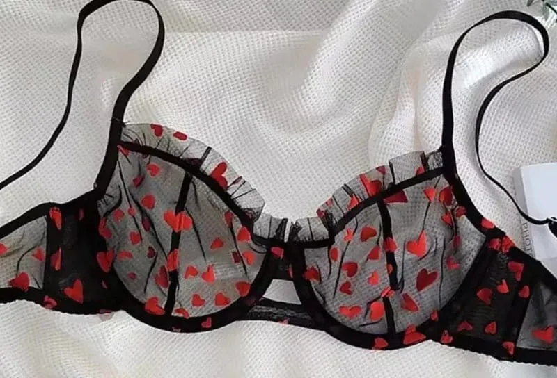 French Heart Print Transparent Lingerie Set Ultra Thin Underwire Bra Lace Sexy Push Up Gathering Small Breast Boost Hot Selling