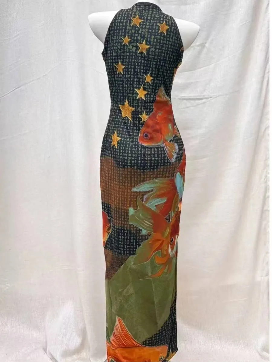 Women Sleeveless Qipao Midi Dress Goldfish Star Print Mandarin Collar Side Slit Vintage Chinese Style Bodycon Summer Cheongsam