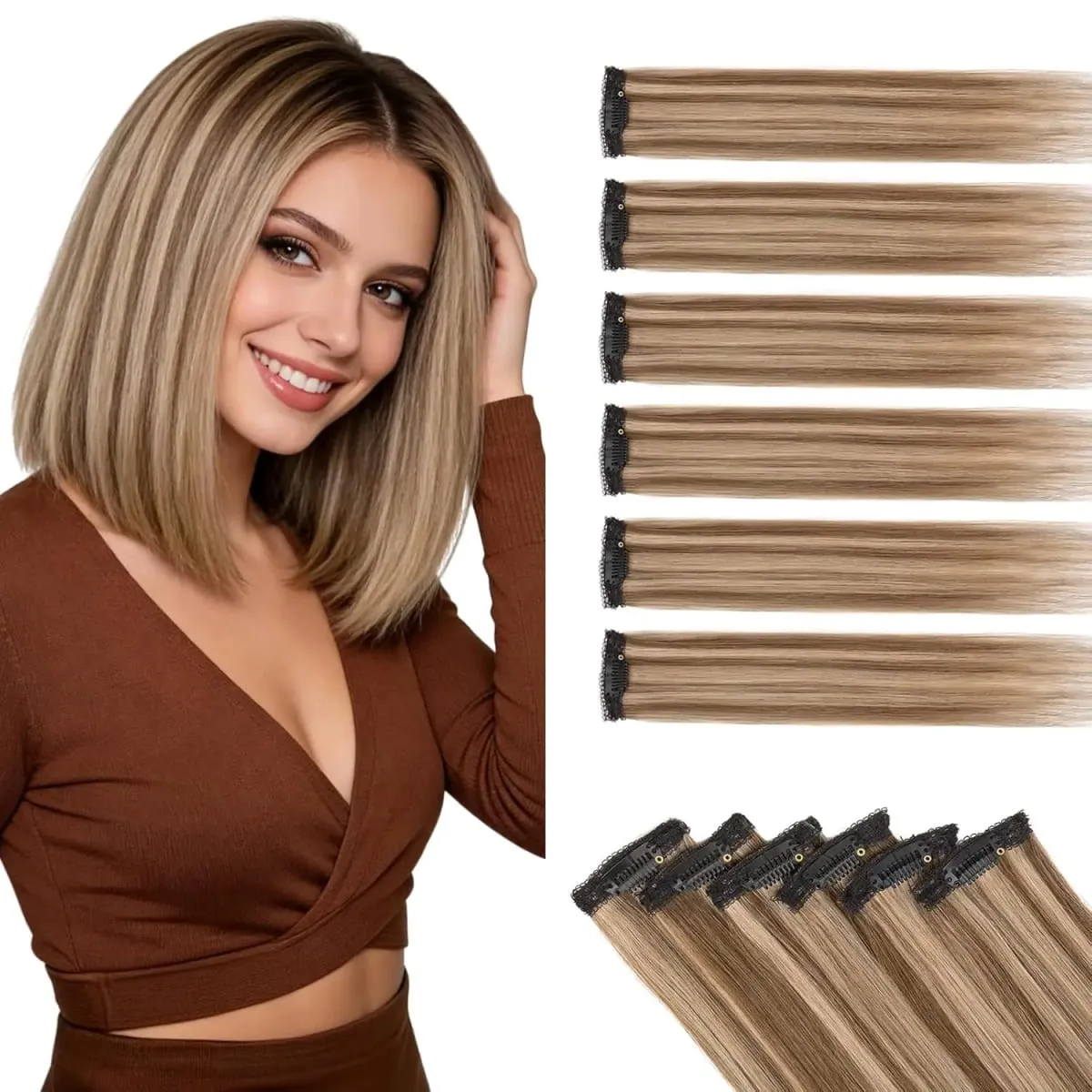 6PCS 6 Clips In Synthetic Hair Extensions Black Color Dark Blonde Short Straight Highlights Hairpin Hairpiece For Women