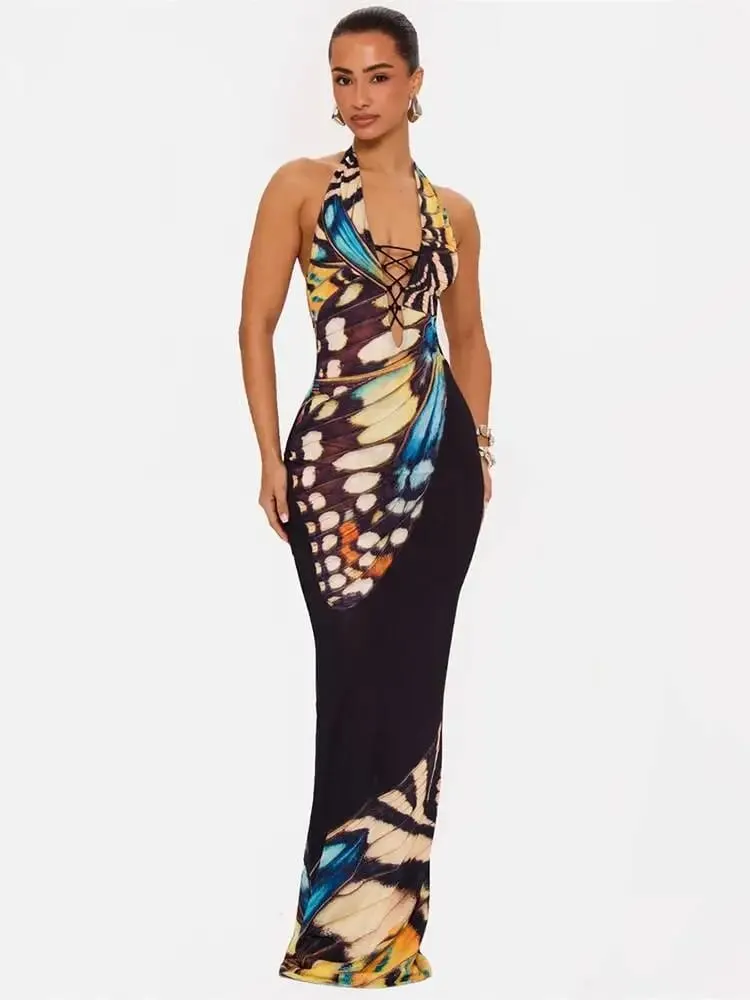 Mozision Women Butterfly Print Halter Maxi Dress Deep V Neck Bodycon Long Dress Sleeveless Backless Evening Party Club Dresses