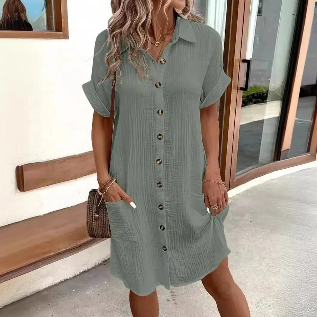 Kadınlar için moda Gevşek Elbise Tek Göğüslü Raglan Kollu Cepli Elbiseler Kadın Yaz Tunik Kısa Gömlek Elbise Ofis Bayan
