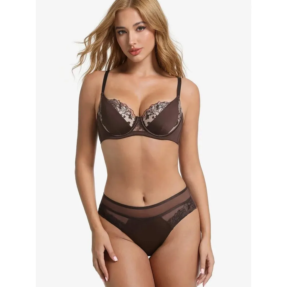 Women Plus Size Lace Bra Set Color Block Thin Cup Big Bust D Cup Full Coverage Brassiere Lingerie Curvy Female Everyday Outfit（