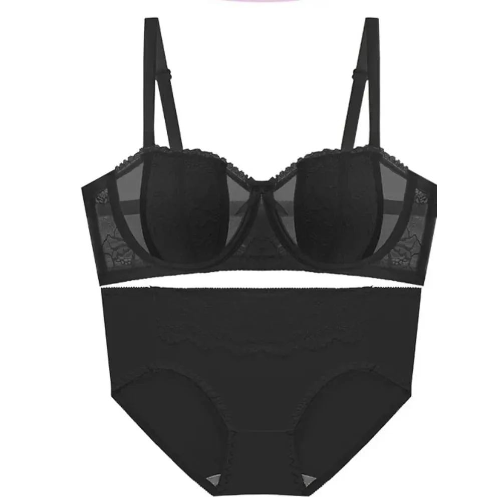 Big Bust Minimizer Bra Set 32‑38 AB Thin Lace Soft Underwire Anti‑Sagging Strapless Optional Sexy Ladies Brassiere Lingerie Kit