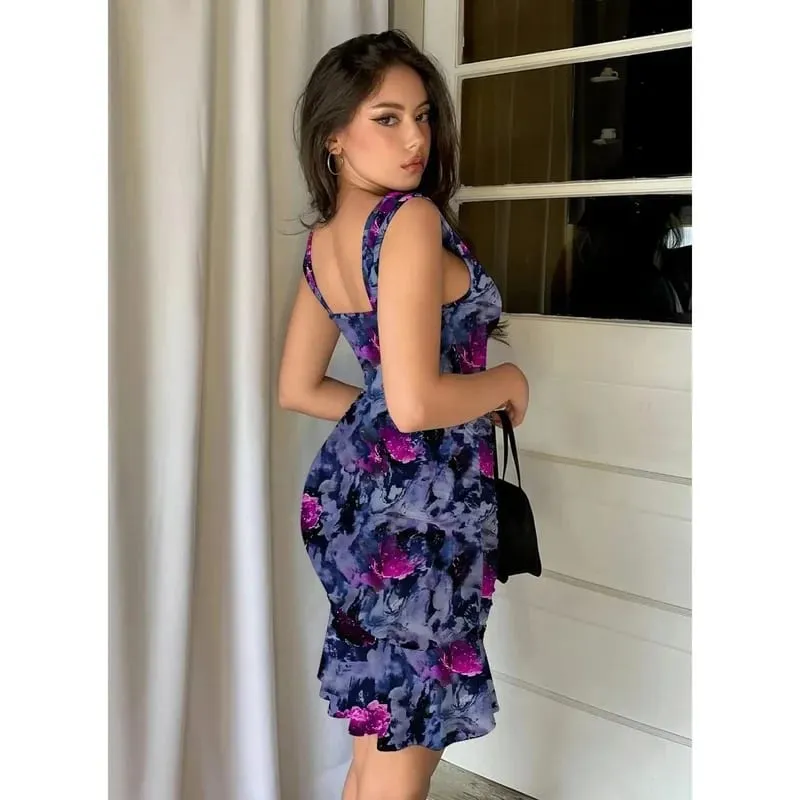 Gradient Floral Sleeveless Deep V Bodycon Dress na may Ruffle Hem Sexy Fitted Waist Evening Wear Wrinkle-Resistant Polyester