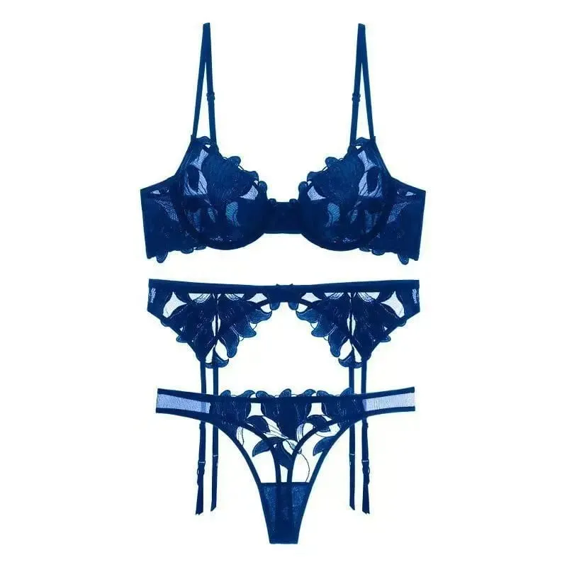 Transparent Floral Two Pieces Women Lace Lingerie Set Ultrathin Bra Briefs Ladies