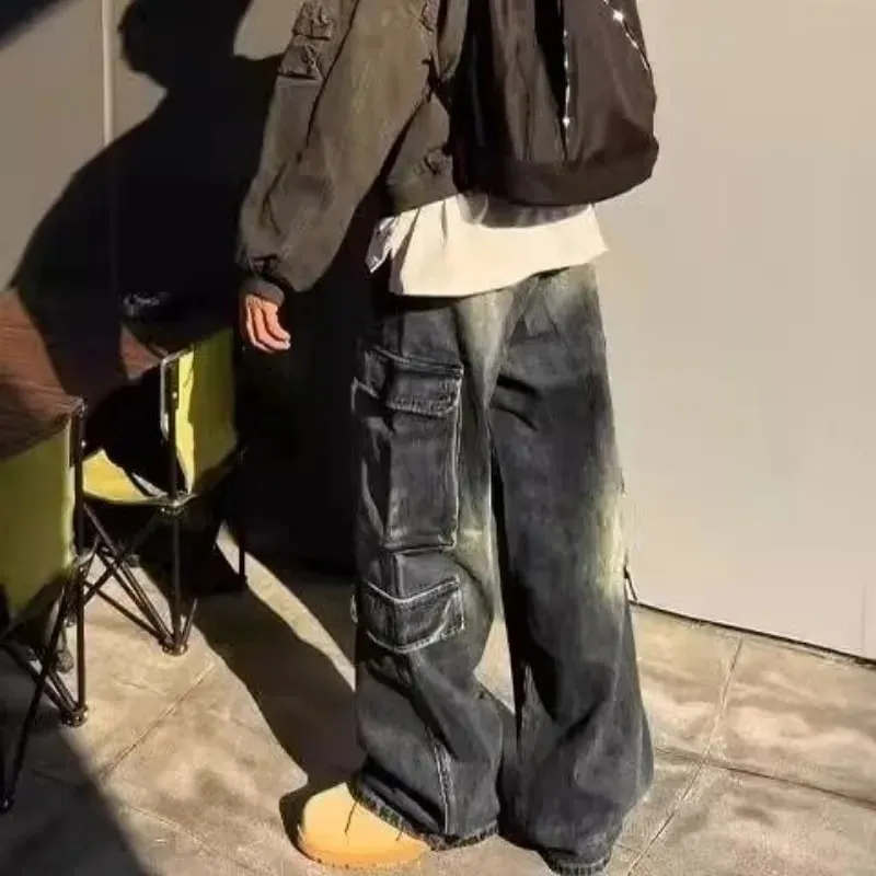 Men's Jeans Loose Fit Cargo Straight Leg Pants Vintage Wash Work Pocket Denim Trouser Man Pants Autumn Retro Streetwear