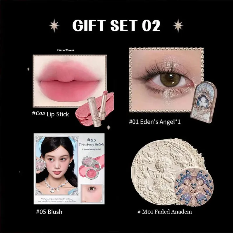 Flower Know Little Angel Collection Kotak Hadiah Makeup Eyeshadow Blush Cream Matte Lipstik Highlighter Kit Lengkap Semua Dalam Satu