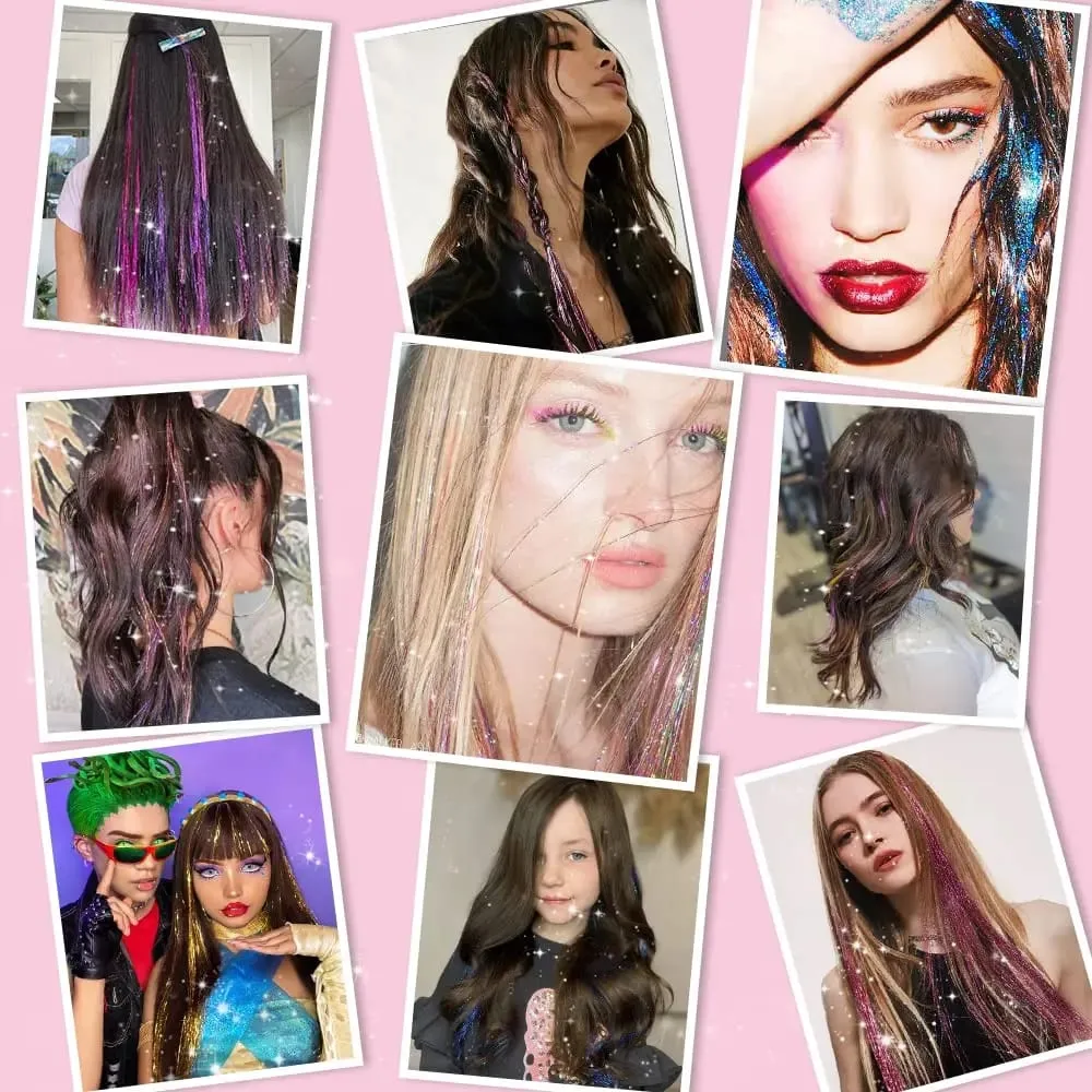 12 Pcs Colorful Clip in Hair Tinsel Extensions Fairy Glitter Hair Accessories synthetic 20‘’ Party Kit for Women Girls Kids