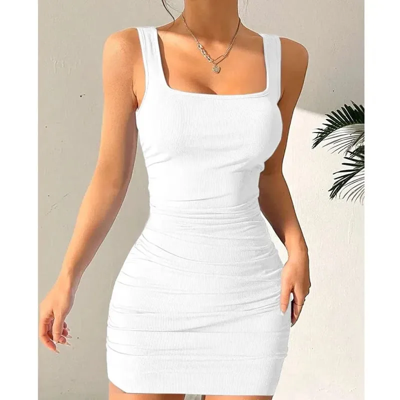 Sexy Tight Strap Mini Dress 2026 New Summer Bodycon Club Party Dresses Female Solid Color Basic Slim Sleeveless Beach Dress