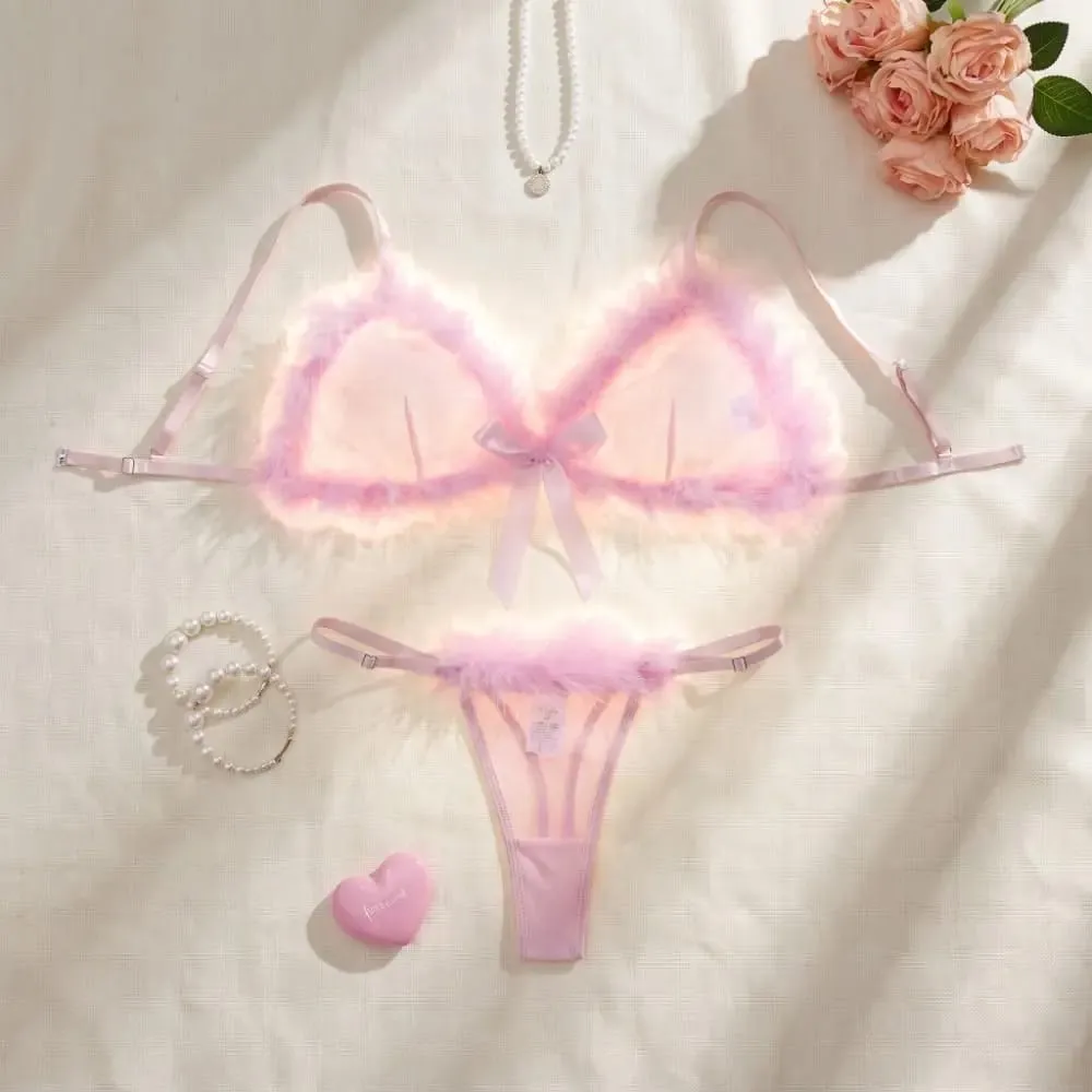 Furry Women's Underwear Mesh Transparent Wireless Lingerie Set Bow Decor Romantic Intimate Bra Panties Suit Valentine's Day