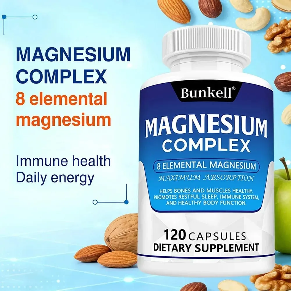 Magnesium Complex Supplement 8 Elemental 1000mg - for Bones Muscle Recovery Energy Vegan Non-GMO 120 Capsules