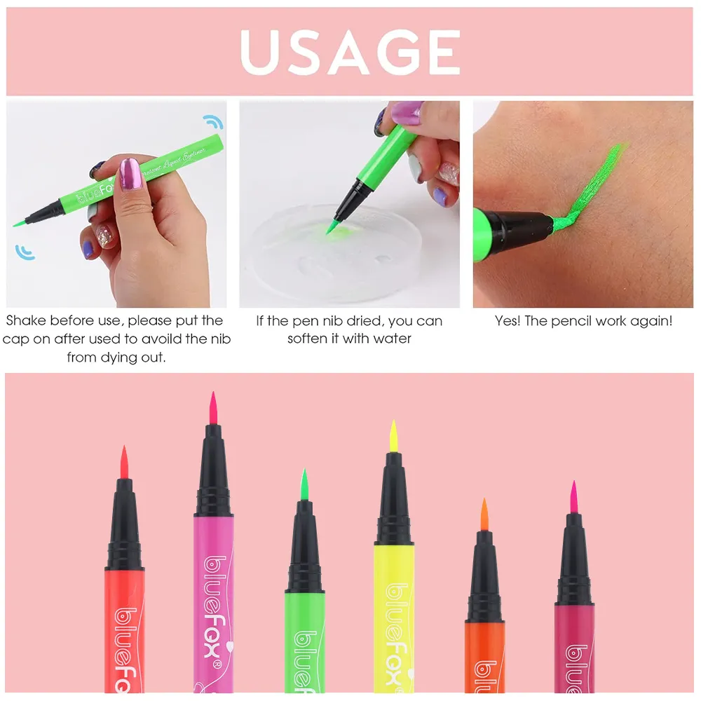 6Pcs Neon Fluorescent UV Glow Eyeliner Waterproof Long Lasting Colorful Liquid Eye Liner Rave Party Halloween Makeup Tools