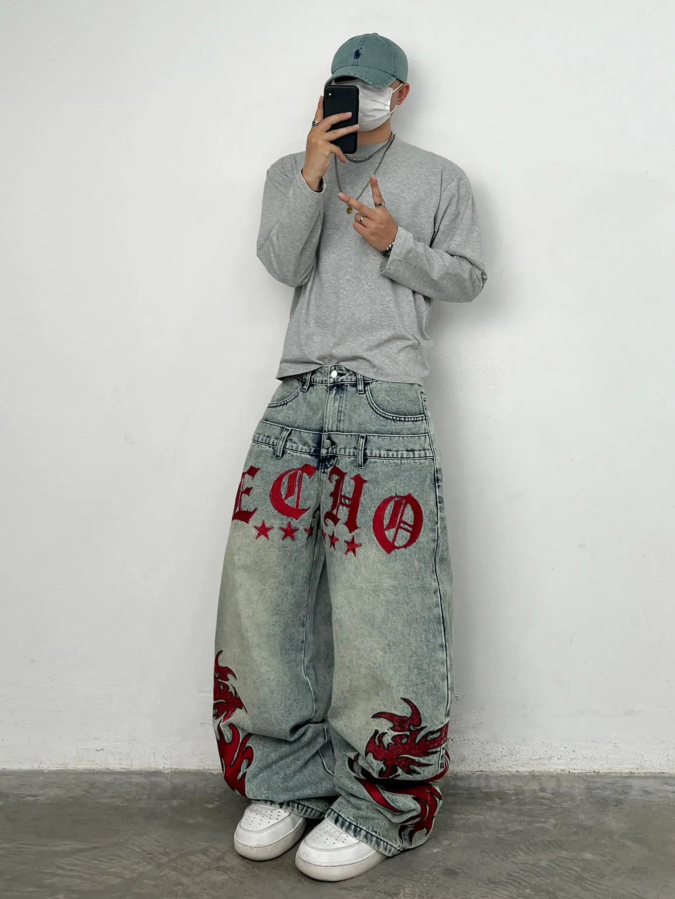 American Vintage Double-Waist Embroidery Design Blue Men's Loose Wide-Leg Jeans Y2K Street Hip-Hop Trendy Versatile Pants