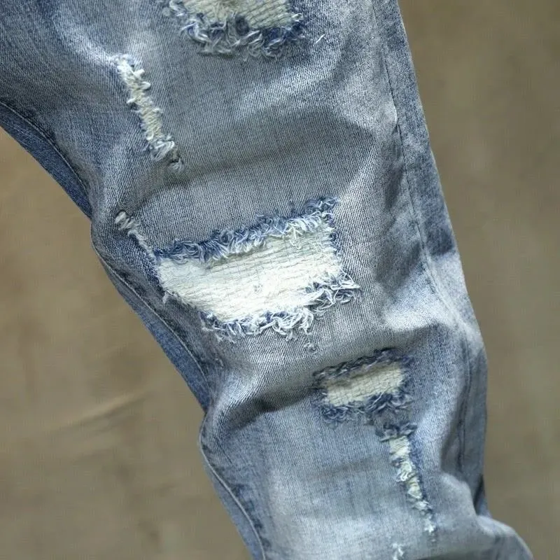 Spring and Autumn New Fashion Trend Solid Color Perforated Straight Leg Elastic Jeans Men's Casual Sports High-Quality Jeans