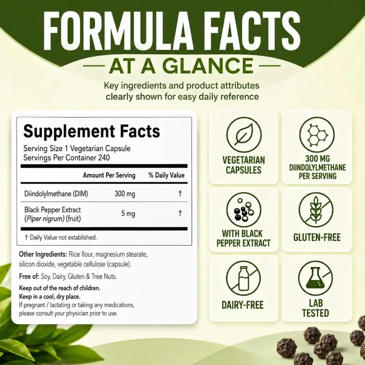 DIM Diindolylmethane Vegetarian Capsules with Black Pepper Extract GMO Free Gluten Free 240 Capsules