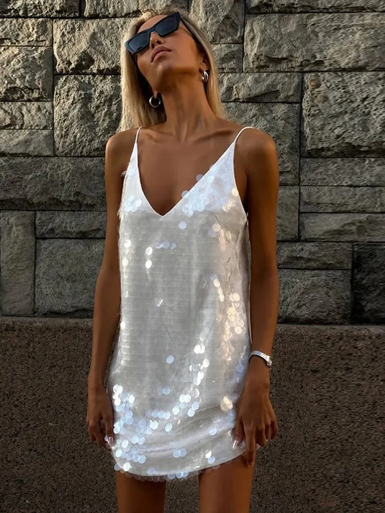 Beach Sequin Short Women Dress Loose Deep V-neck Sleeveless Backless Spaghetti Strap Sundress 2026 Summer Solid Glitter Dresses