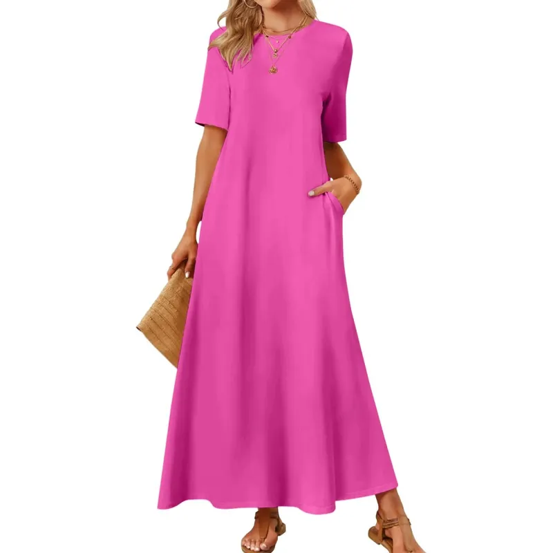 Nữ Mùa Hè Áo Đầm Tay Ngắn Cổ Tròn Đầm Maxi Có Túi Áo Đầm Sundress Màu Trơn Một Đường Áo Dài