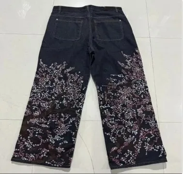 Unisex White Red Tribal Flame Print Loose Wide Leg Jeans Y2K Grunge Streetwear Oversized Denim Pants