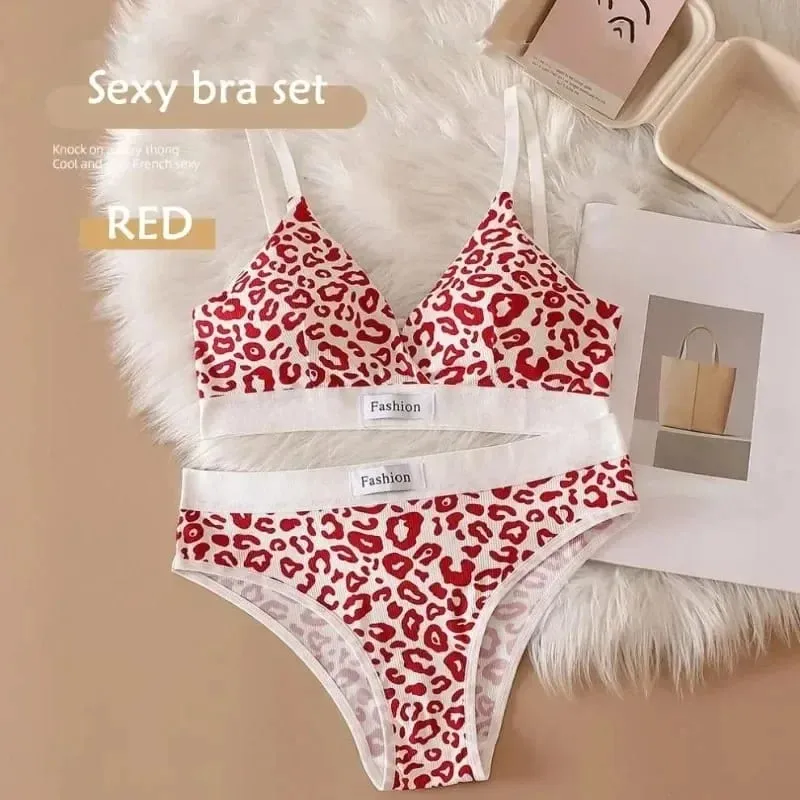Women Seamless Bra Set Sexy Lingerie Low Waist Panties Leopard Bralette Set Vneck Sport Brassiere Female Cotton Underwear