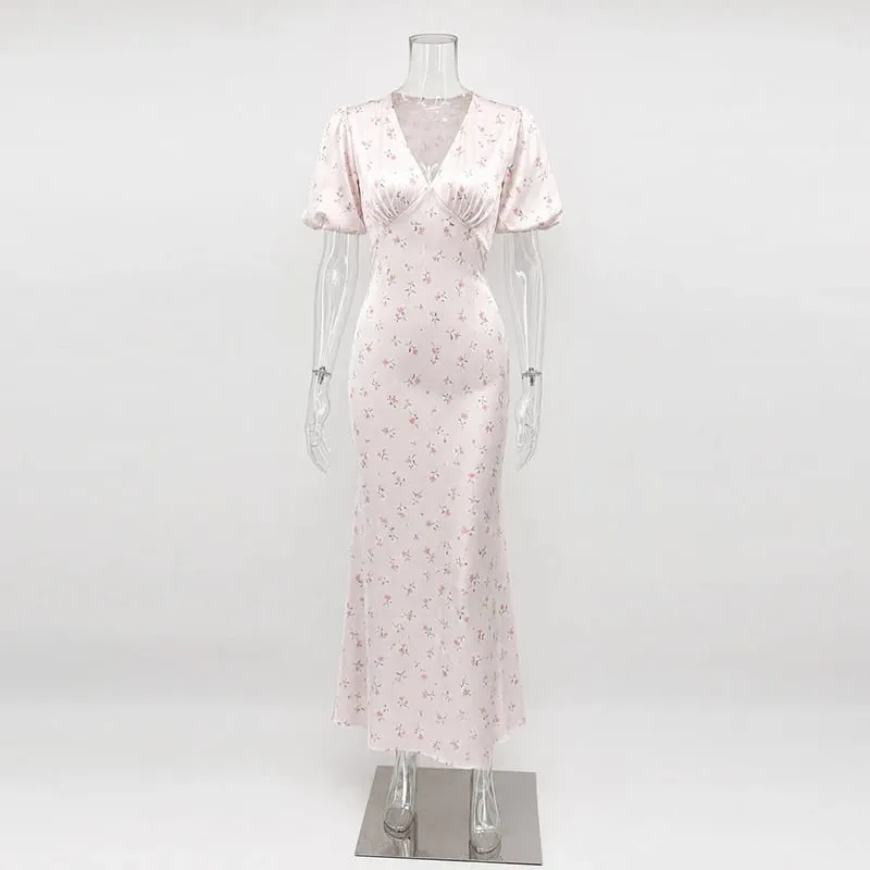 Stylish Printed Maxi Dress Women Elegant Slim V-Neck Short-Sleeve Evening Dress Summer New Casual Commuter Female Dress
