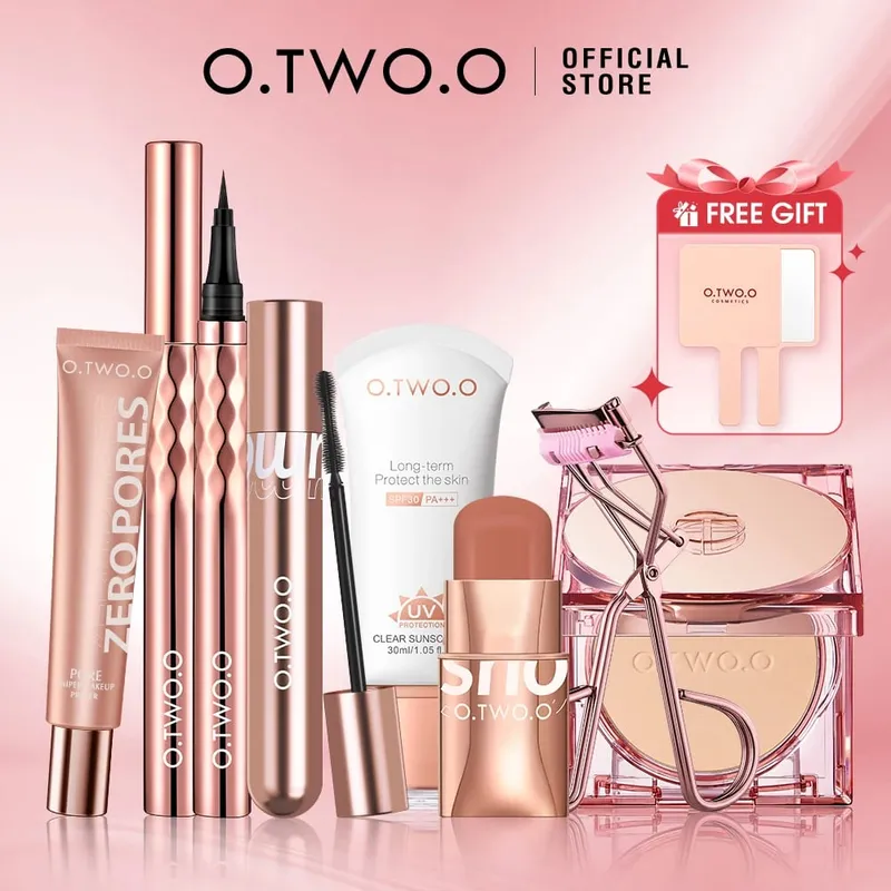 O.TWO.O 8ks kompletní make-up Kit obsahuje oční linky Rtěnka Blusher Face Setting Pudr řasenka Kulma na řasy opalovací krém Kosmetika