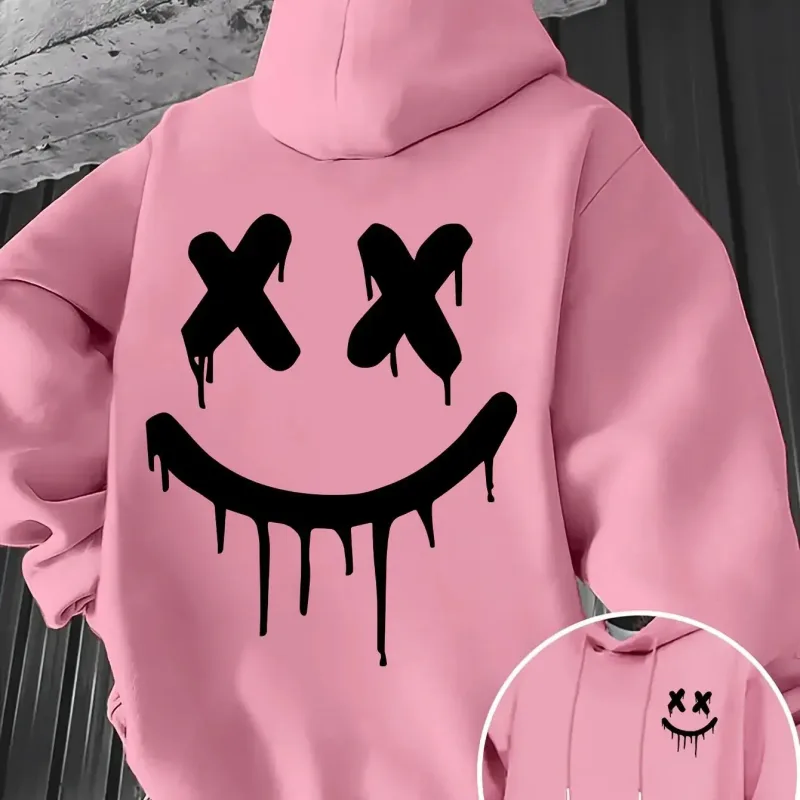 Smiley face print men's and women's autumn winter trendy printed hooded fleece sweatshirt front back casual hoodie