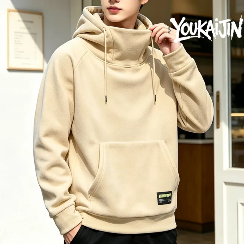 Men's Polar Fleece Sweatshirt Solid Color Street Style Autumn Winter Hood Sports Windproof Oversized High Collar Hoodie 5XL
