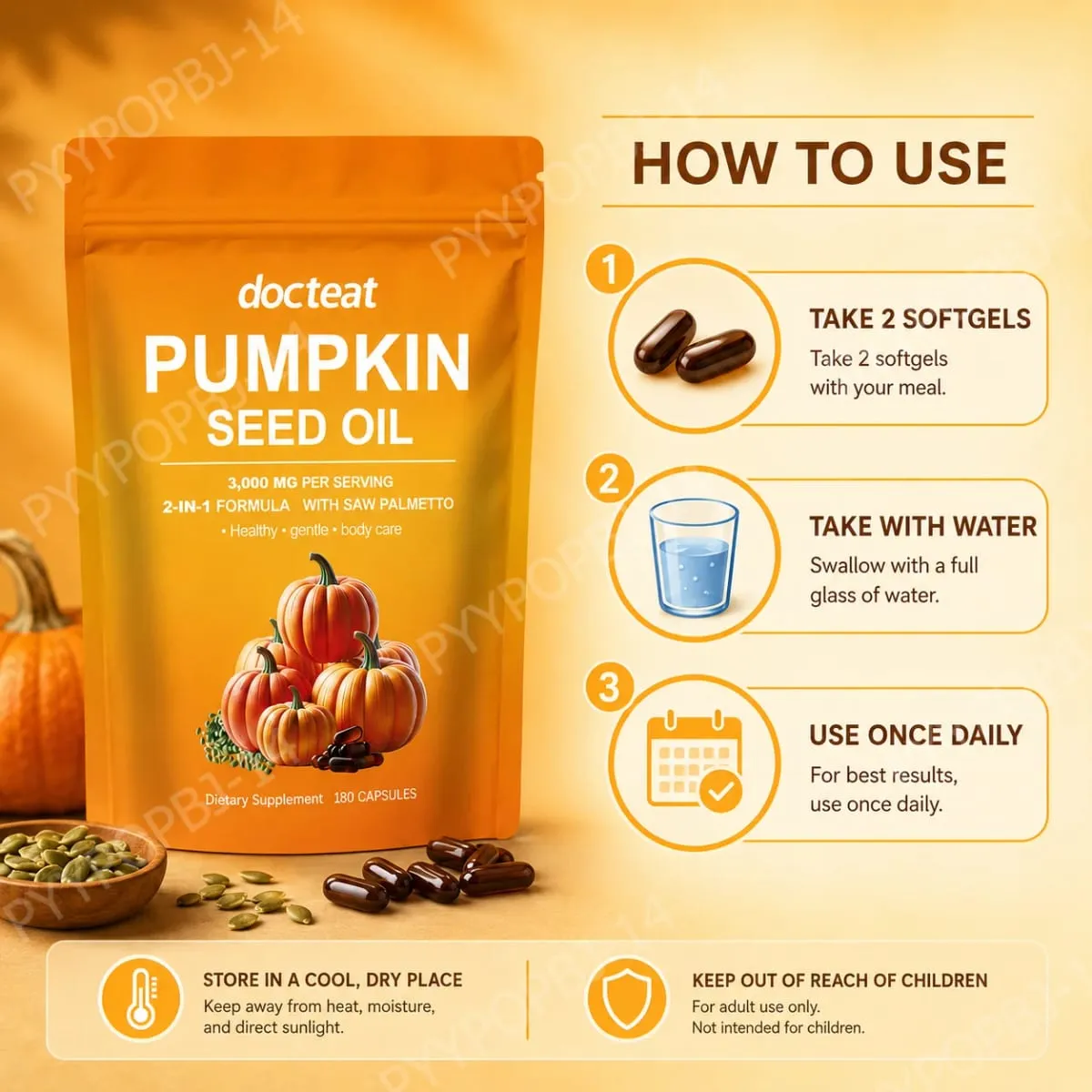 Docteat Pumpkin Seed Oil with Saw Palmetto Capsules 2-in-1 Formula for Prostate and Bladder Function Support 180 Capsules