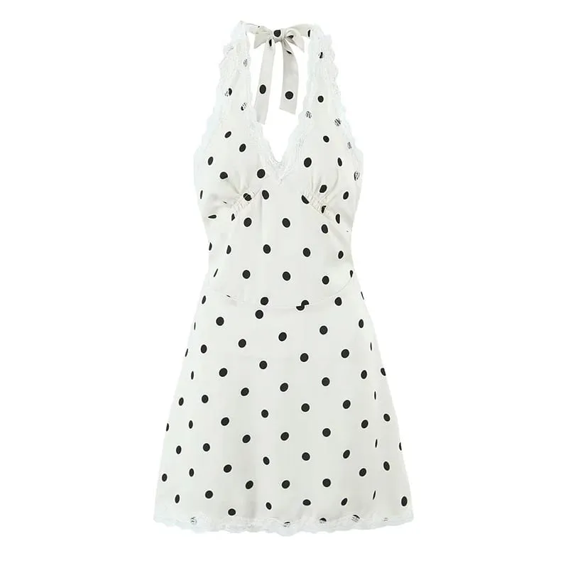 Vestido de encaje empalmado con lunares y cuello Halter para mujer, minivestido Sexy de corte a con espalda descubierta, bata de verano 2025