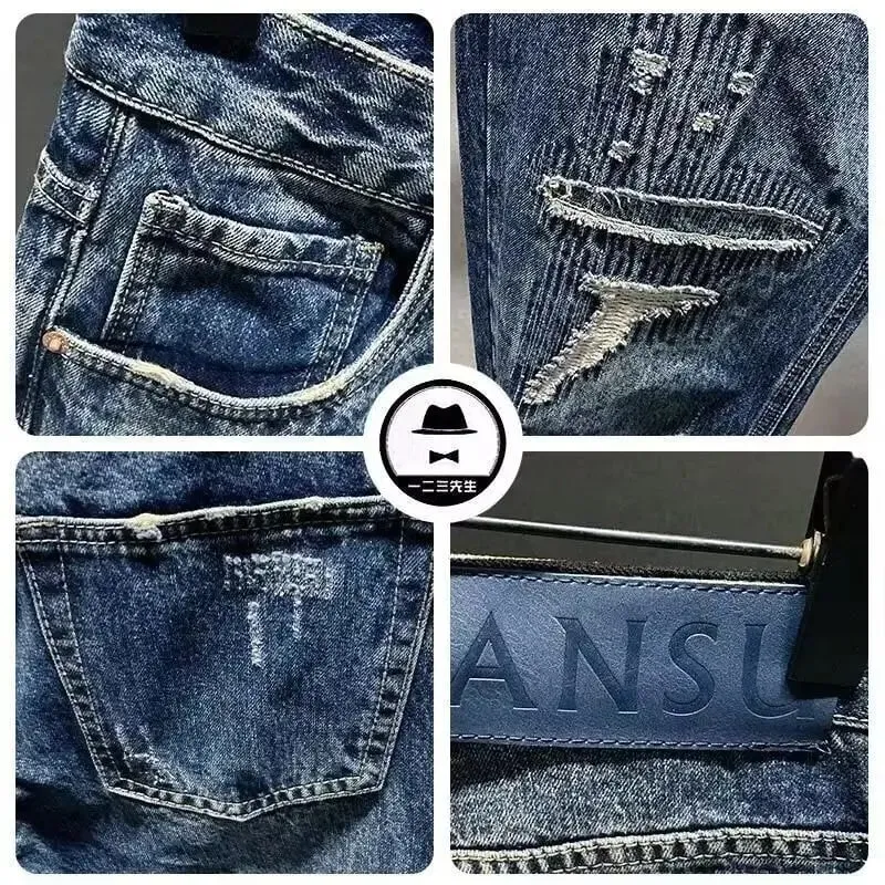 Koreansk luksustøj vasket Vintage Ripped Dad Jeans til mænd Løse lige ben Casual Streetwear Forår Efterår Cargo Bukser