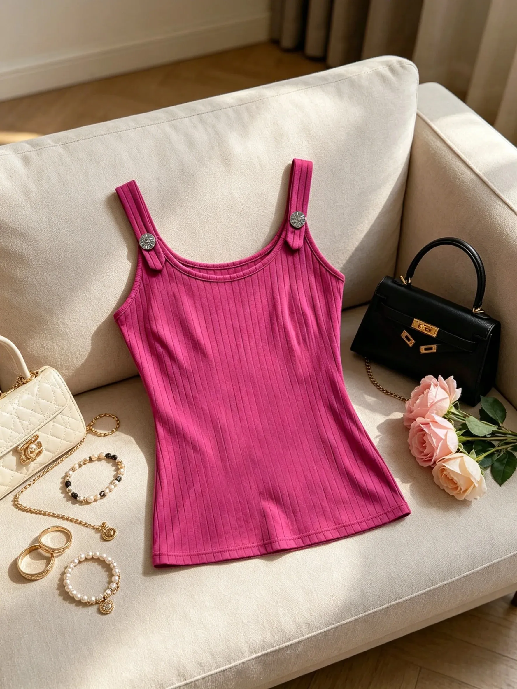 Women Pink Ribbed Tank Top Casual Metal Button Detail U Neck Form Fitting Sleeveless Cami Top