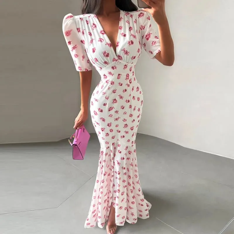 Organza Floral Printed Maxi Dress V-Neck Puff Sleeve 2026 Spring/Summer Romantic Women Party Gown Fashion Elegant Lady Vestidos