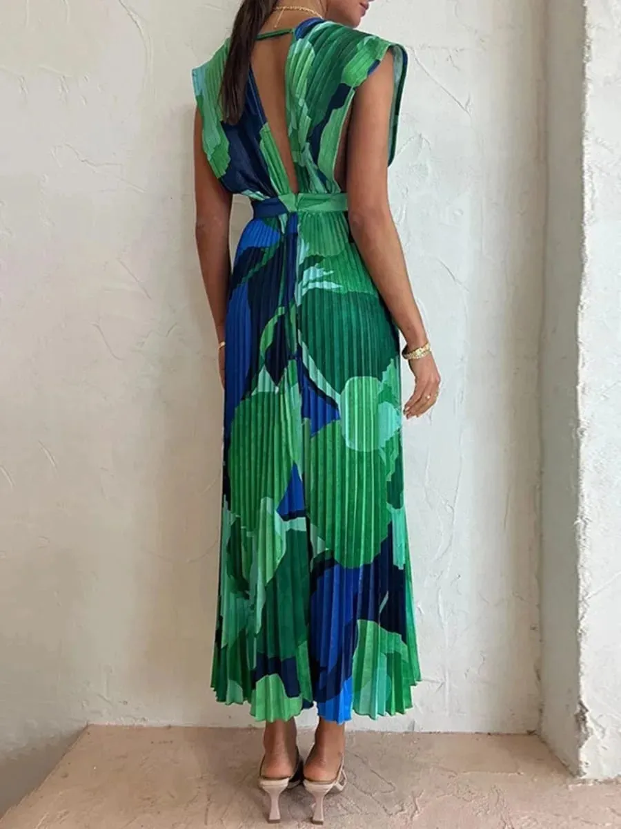 Freeacy Women's Printed Summer Dress Deep V-neck Sleeveless High Waist Pleated Midi Dress Female High Street Elegant Dresses