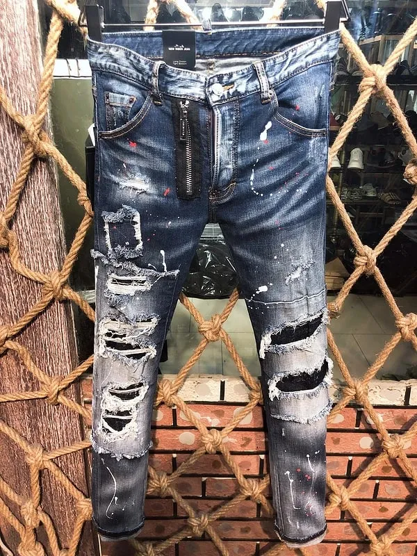 new D2 Men Jeans Badge Printed Coolguy Boy Long Pants Straight Pockets Hole SLIM BLUE embedded jeans pant 9811
