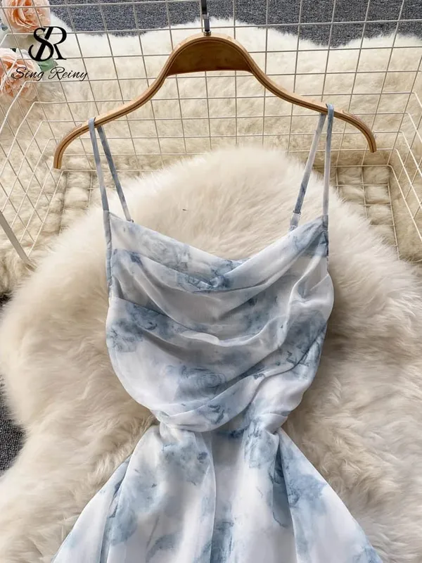 Dámské květinové šaty se špagetovými ramínky elastické, nařasené sexy duté společenské šaty bez zad Letní boho prázdninové plážové letní šaty