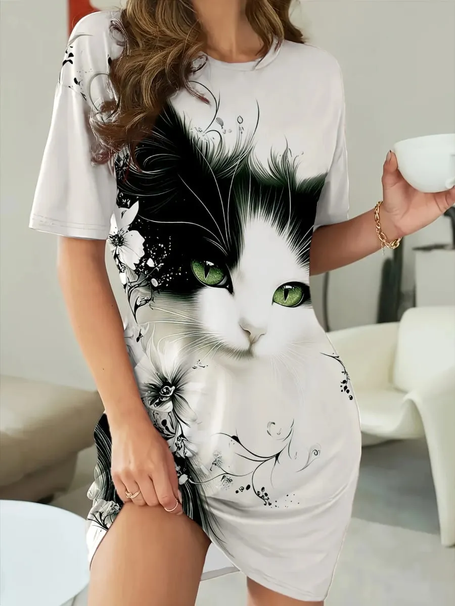 Women'S Elegant Print Dresses Soft Short Sleeve Round Neck Dress with Tabby Face Paw Cute Cat Print Design Y2k Ladies Clothes