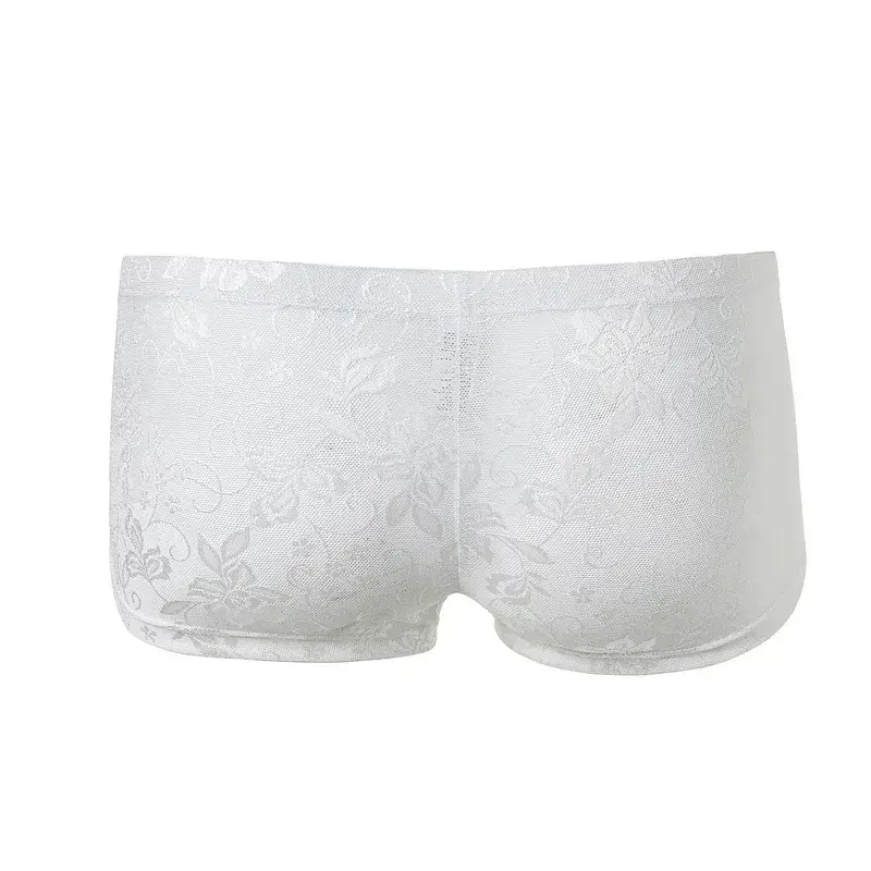 Men's Ice Silk Transparent Floral Lace Boxer Briefs Breathable Cool See-Through Underwear 5 Colors Available