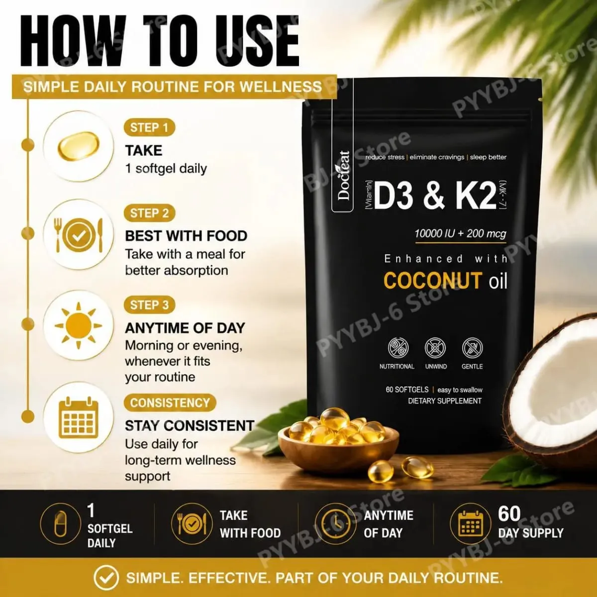 Docteat Vitamin D3 & K2 Softgels with Magnesium and Coconut Oil for Bone Nutrition Balance Immune System Balance - 60 Softgels