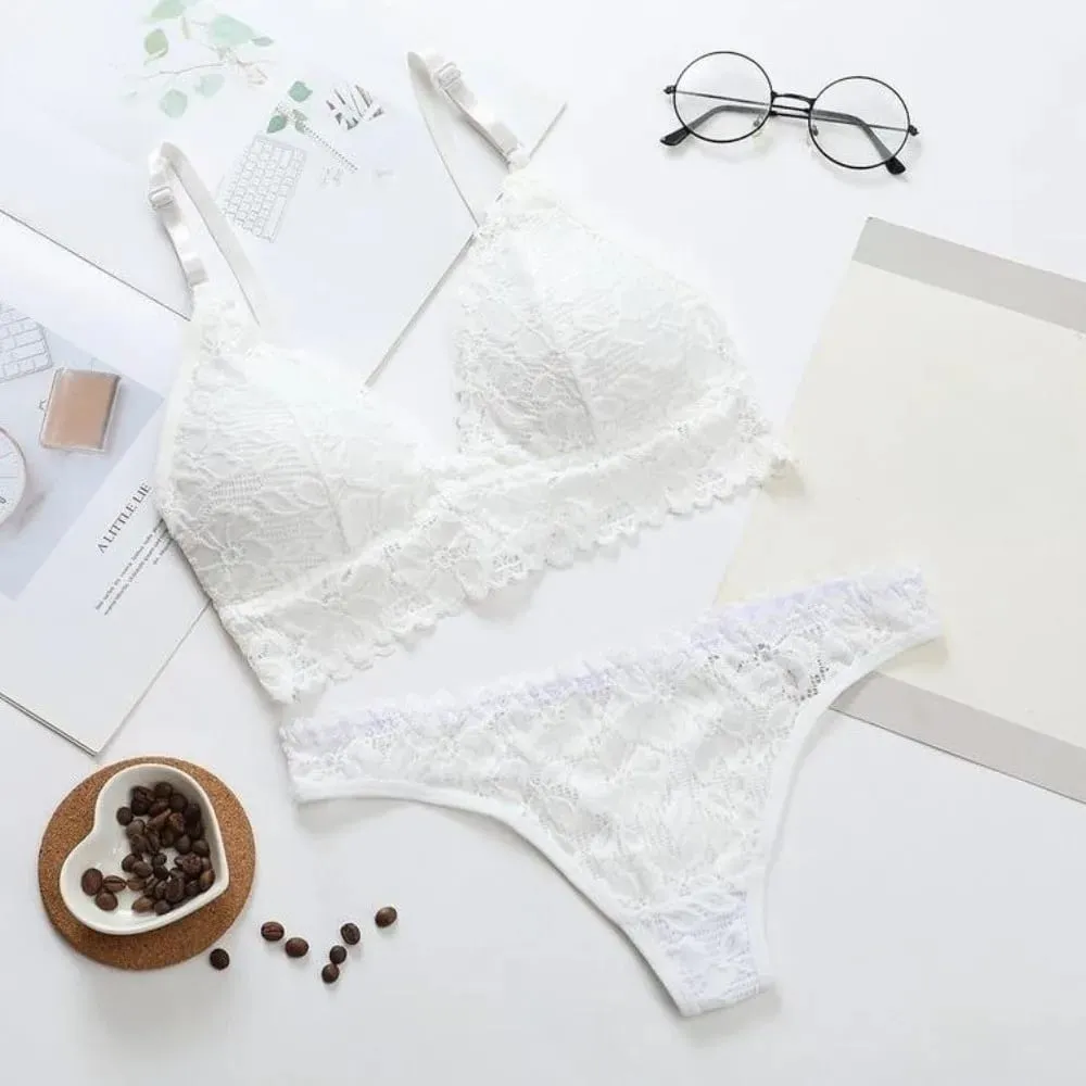 Underpants V Neck Lace Flower Bra Set Solid Color Low Waist Floral Panties Bra Kit T-Back Lingerie Lace Underwear Girls
